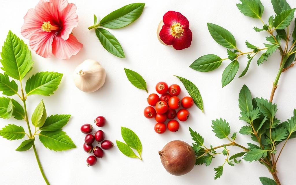 Natural ingredients in Zucoryn Blood Pressure Support Capsules including hibiscus, garlic, hawthorn berry and olive leaf