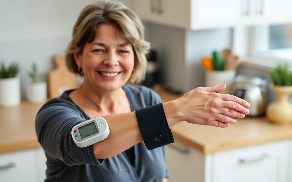 Canadian woman checking her blood pressure at home after taking Zucoryn BP capsules